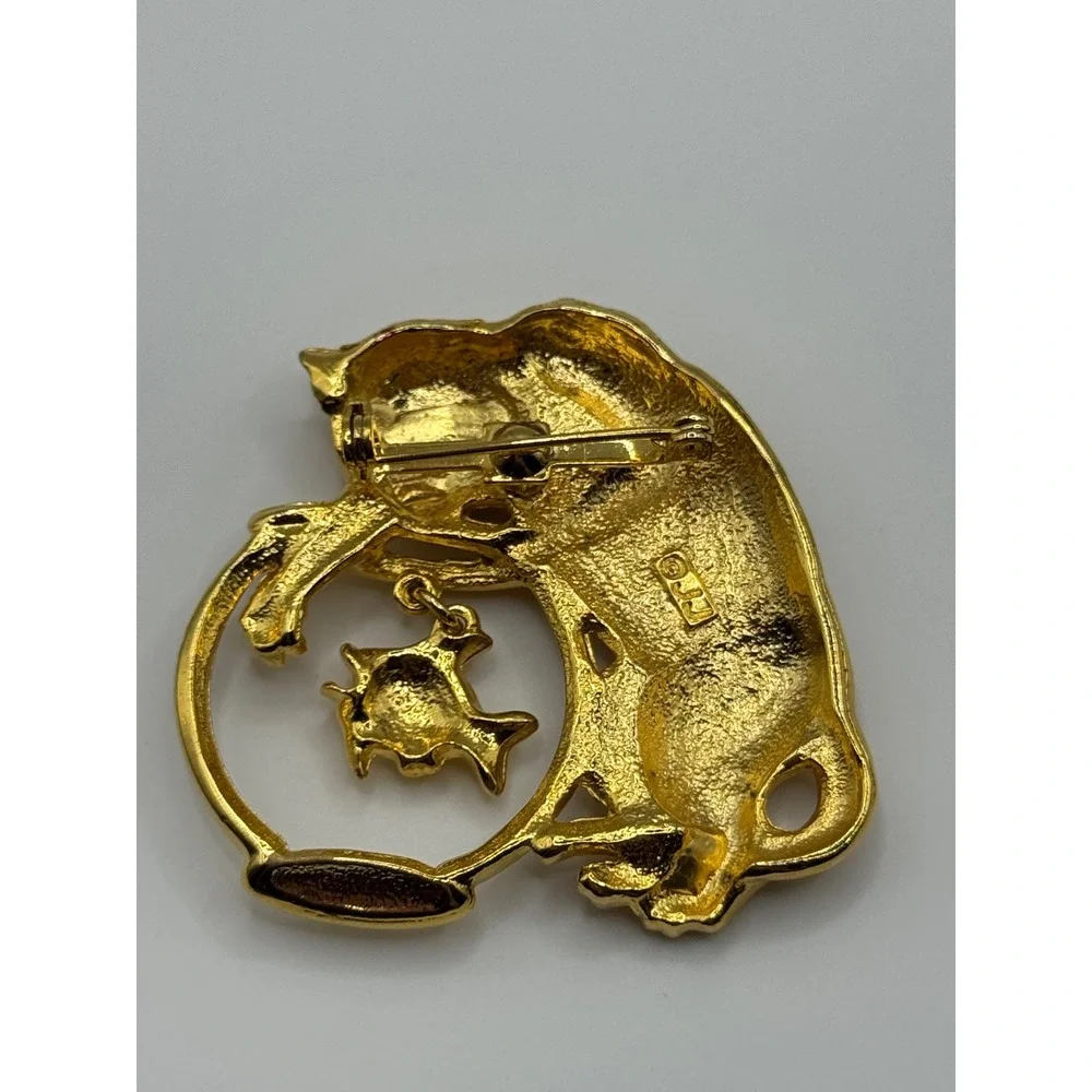 Vintage JJ Jonette Cat Fishbowl Brooch Gold Tone Pin